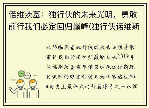 诺维茨基：独行侠的未来光明，勇敢前行我们必定回归巅峰(独行侠诺维斯基)